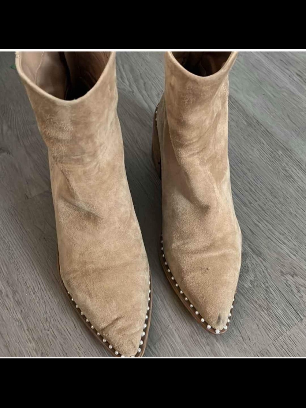Steve Madden Aquarius Natural Suede Studded Pointed-Toe Ankle Booties.